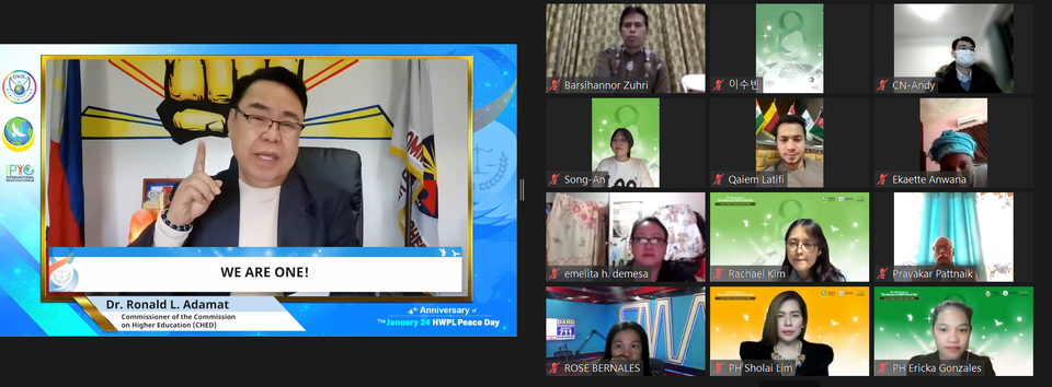 필리핀 민다나오섬 평화협정 8주년 기념 컨퍼런스가 온라인으로 개최된 가운데 로날드 아다맛 필리핀 고등교육위원회 위원이 WE ARE ONE을 선창하고 있다. (제공: 하늘문화세계평화광복)