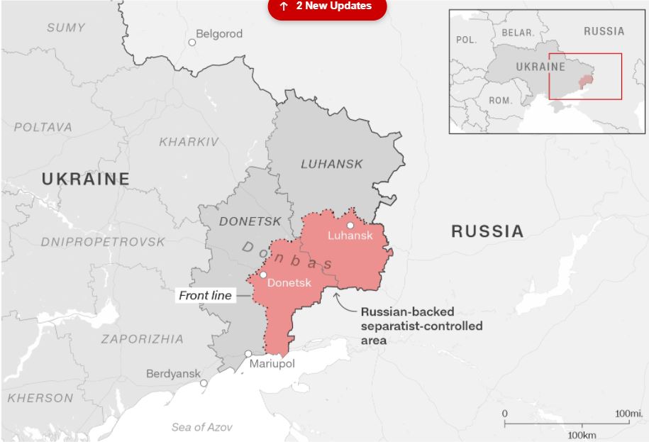   푸틴 대통령이 독립을 승인한 우크라이나 돈바스 지역. 출처=CNN