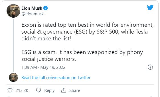   머스크CEO가 트위터에 올린 ESG관련 글. 트위터=캡처