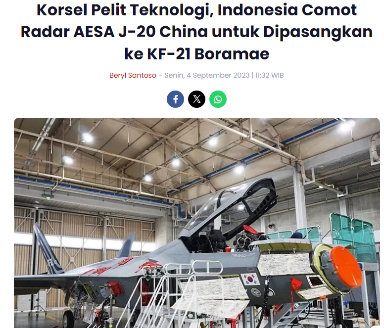 "한국은 기술 이전에 인색해 중국제 J-20 AESA 레이더 채택"을 주장하는 조나 자카르카[Zona Jakarta 캡처]