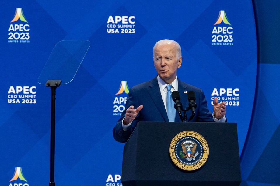 조 바이든 미국 대통령이 16일(현지시간) 샌프란시스코에서 열린 아시아태평양경제협력체(APEC) 최고경영자(CEO)들과의 대화에서 발언하고 있다[Bloomberg 캡처]
