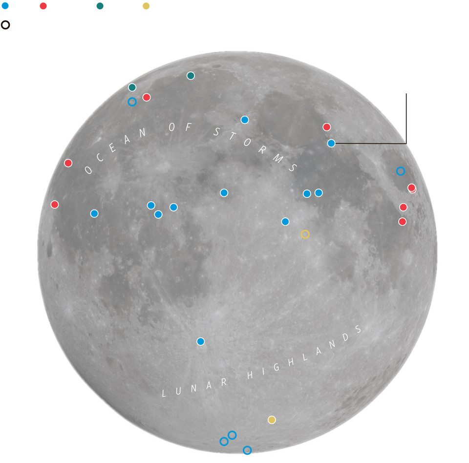올해 미국(청색), 중국(녹색), 러시아(붉은색), 기타국가(노란색)등이 예정하는 달 탐사계획[WSJ 캡처]