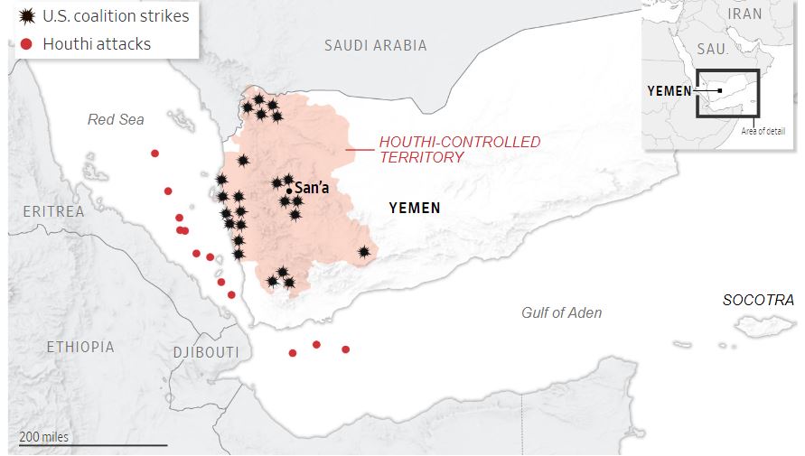   홍해의 후티반군 공격 지역과 미-영 해군의 반격 지점. 자료=월스트리트저널
