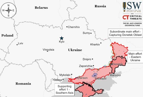 우크라이나 영토 20%가 여전히 러시아 점령지(붉은 부분)[ISW 자료]