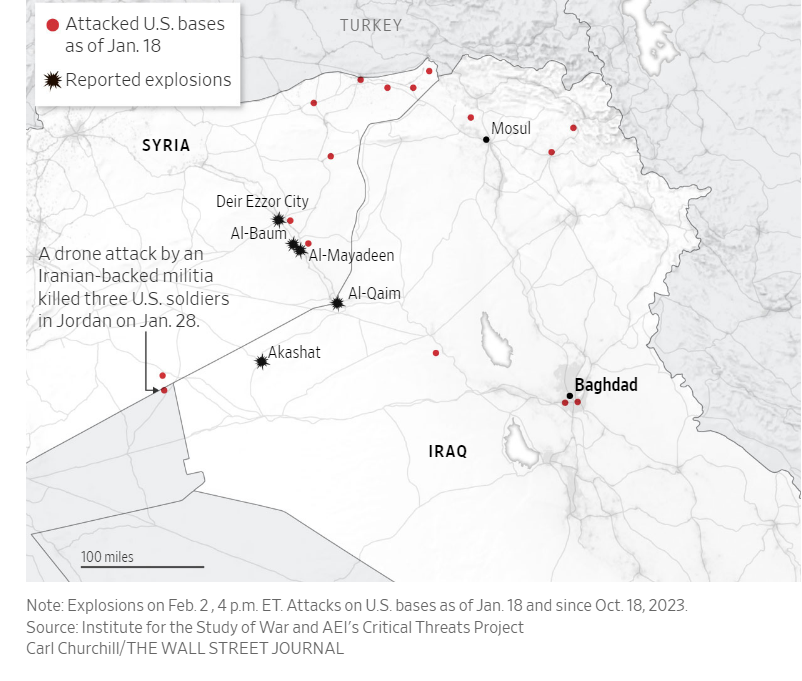 지난달 18일 이후 친이란 무장세력에 의한 이라크, 시리아, 요르단 미군 기지 피격 상황[WSJ 캡처]