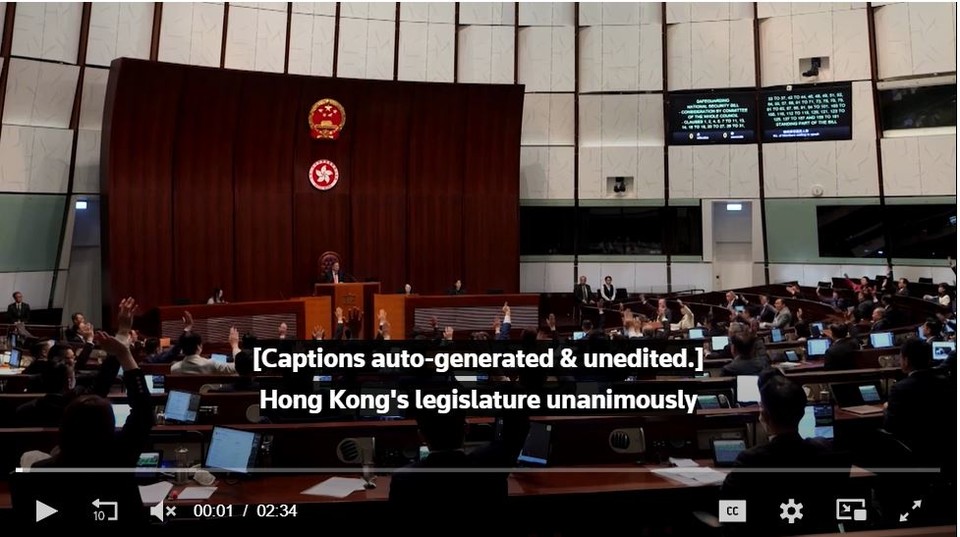   홍콩의회가 19일(현지시간) 홍콩판 '국가보안법'을 만장일치로 통과시키고 있다. 사진=로이터통신