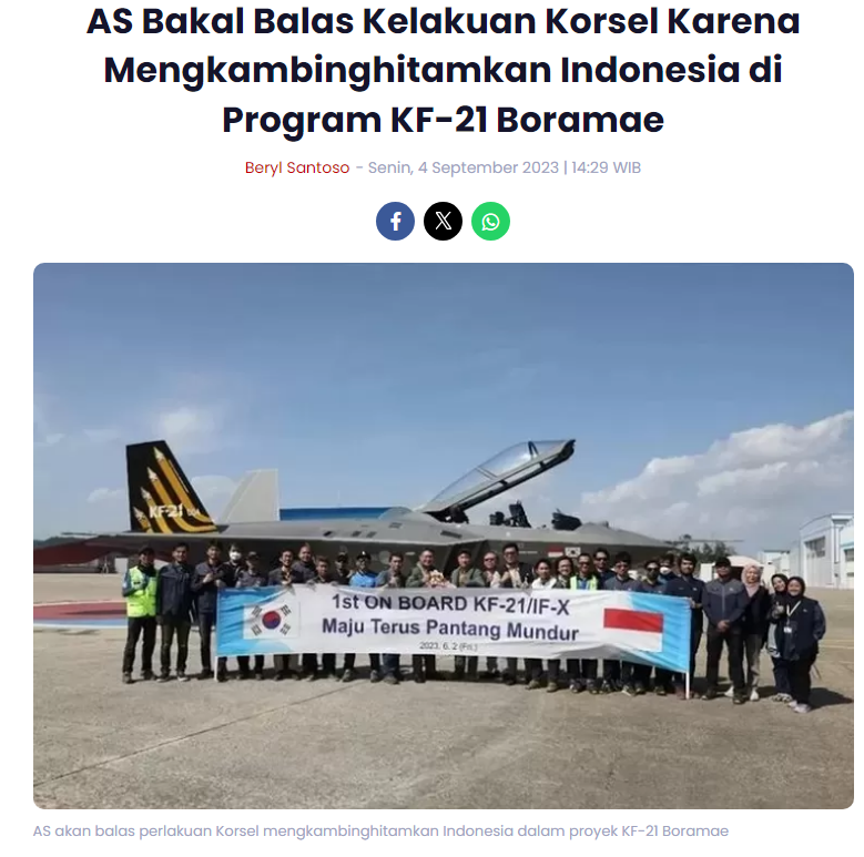 "미국이 KF-21 사업에 인도네시아를 희생양으로 삼는 한국의 행동에 대응할 것"이라는 내용을 담은 조나 자카르타 기사[Zona Jakarta 캡처]