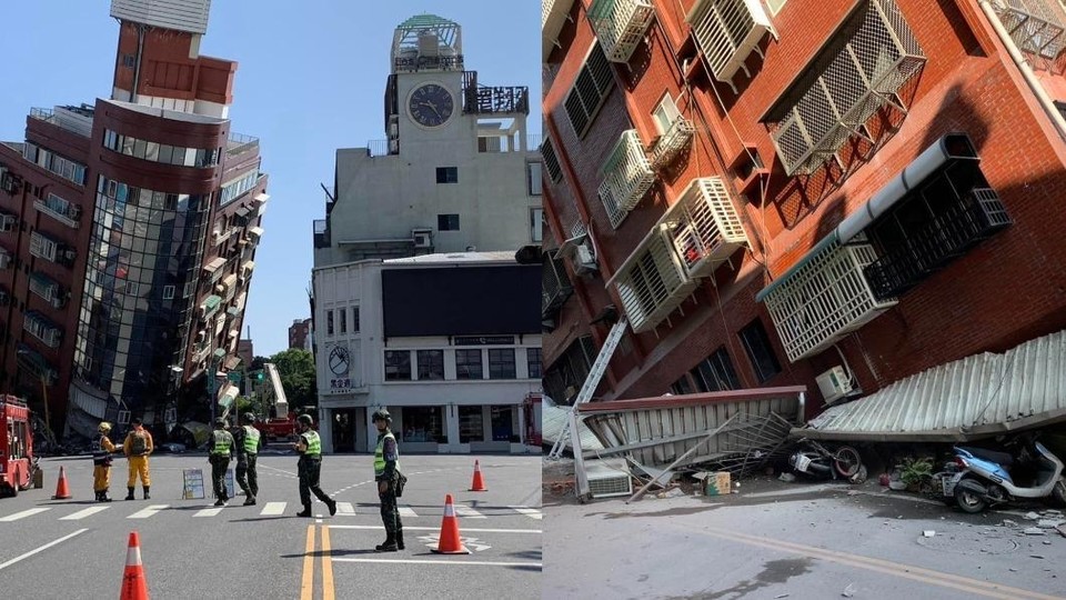 지진 충격으로 기울어진 화롄 톈왕성 빌딩[대만 TVBS 홈페이지 캡처]