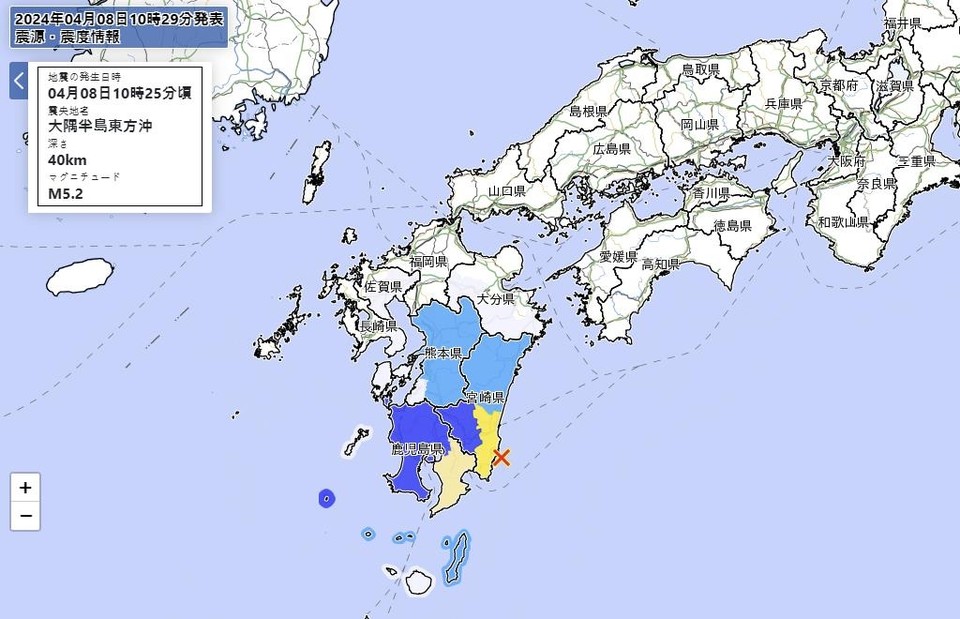 8일 일본 규슈 남부 지진 발생 지점[일본 기상청 홈페이지 캡처]