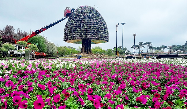 엑스포공원 꿈나무, 희망나무 조형물에 꽃탑을 쌓는 모습