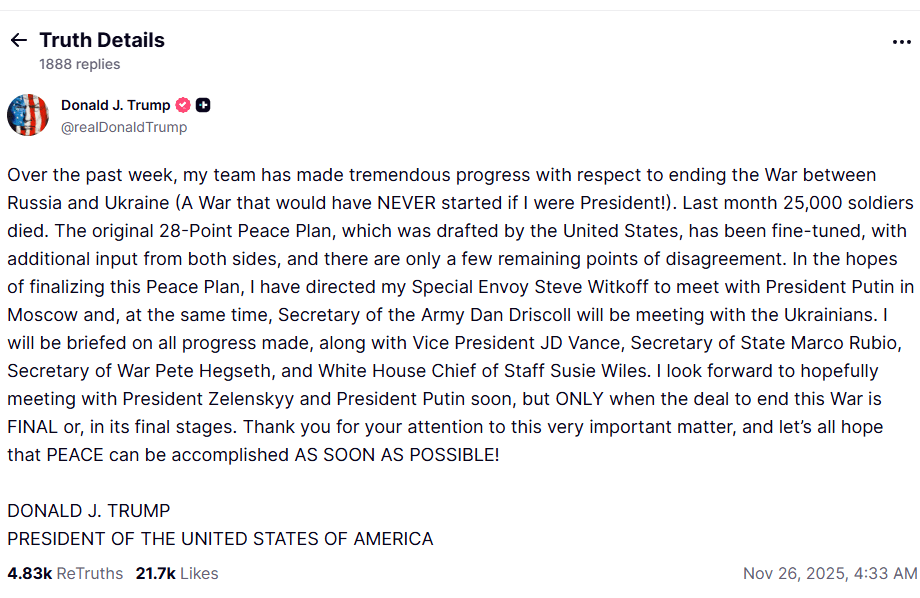 도널드 트럼프 미국 대통령이 우크라이나 전쟁 종전을 위해 다각도 노력을 했다는 내용의 트루스소셜 게시글[Truth Social 캡처]