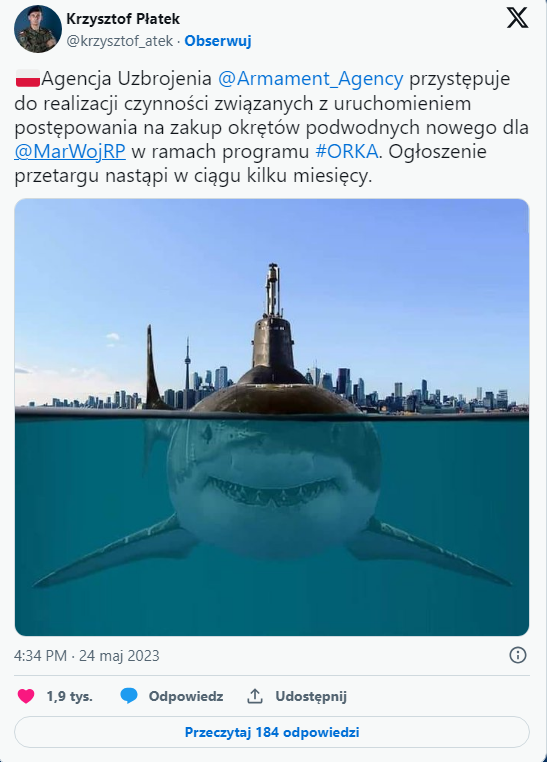 폴란드 해군이 추진 중인 잠수함 현대화사업(오르카사업)을 설명하는 트위터[트위터 캡처]